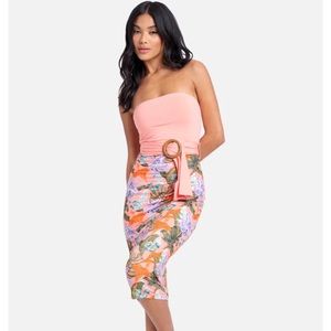 BEBE BELTED STRAPLESS PRINTED MIDI